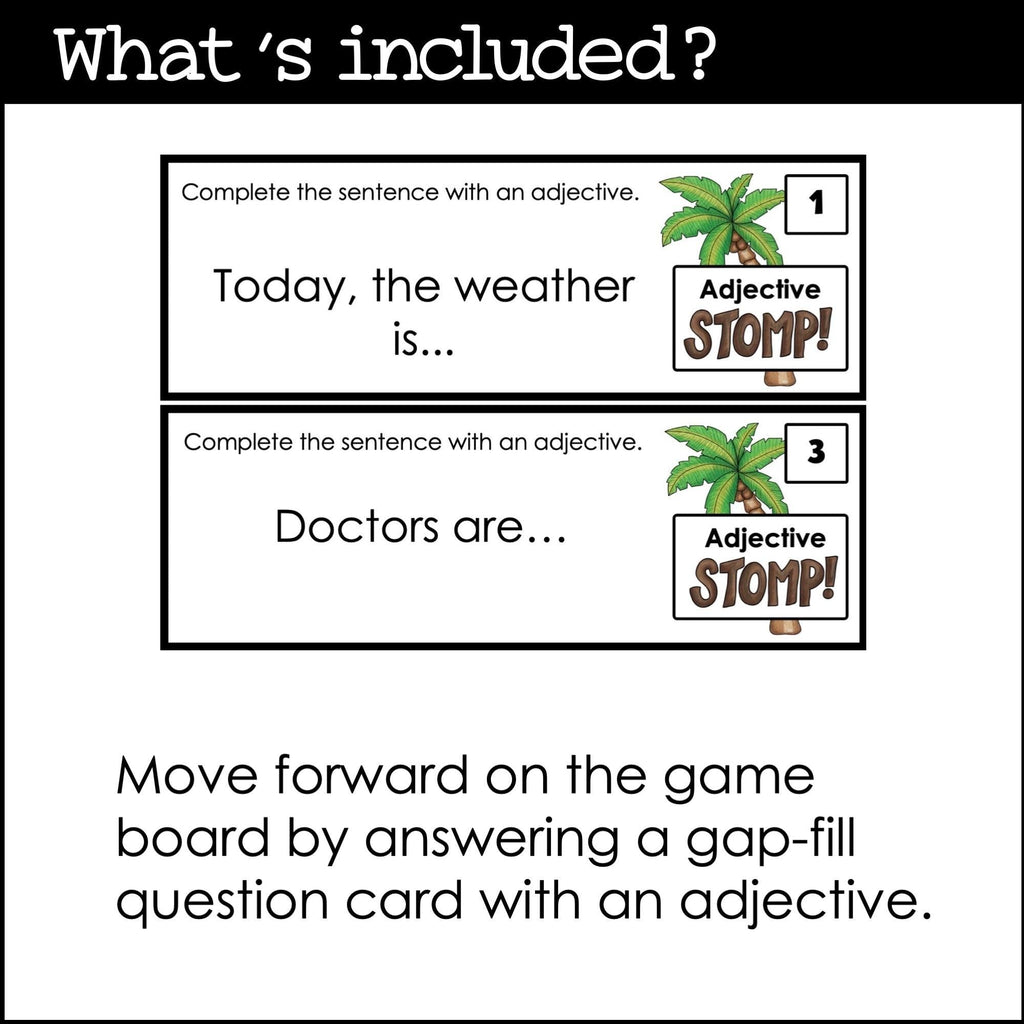 Adjectives Board Game with Gap-Fill Question Cards for ESL / EFL /ELL - Hot Chocolate Teachables