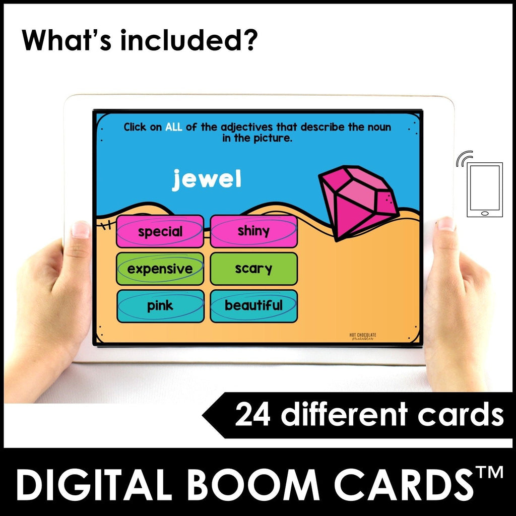 Adjectives: Describe the noun! BOOM CARDS – Interactive Digital Task Cards - Hot Chocolate Teachables