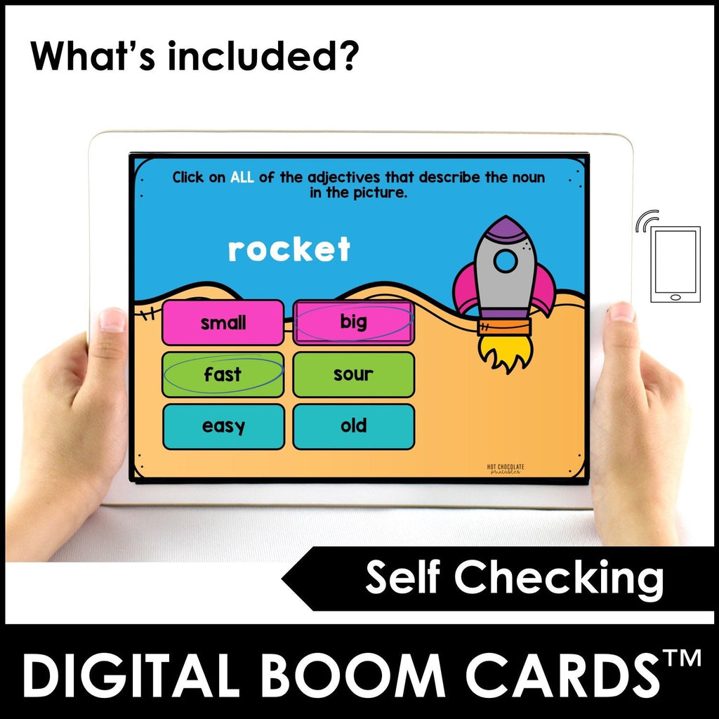 Adjectives: Describe the noun! BOOM CARDS – Interactive Digital Task Cards - Hot Chocolate Teachables