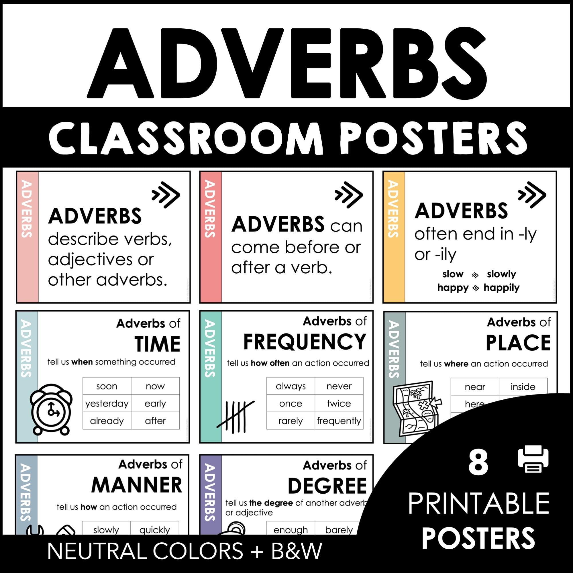 Adverb Grammar Poster Set - Types of Adverbs Bulletin Board Posters - Neutrals - Hot Chocolate Teachables