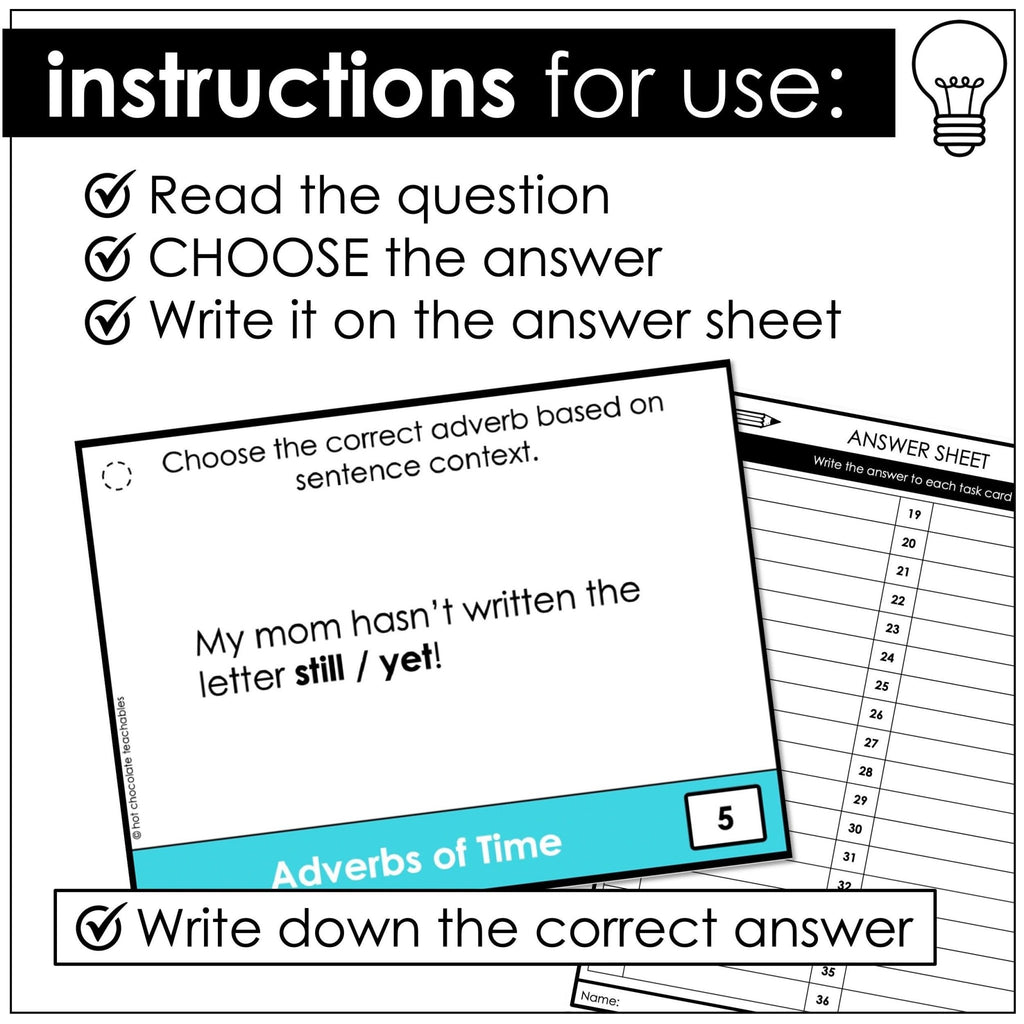 Adverbs of Time Task Cards | YET, STILL, ALREADY | Parts of Speech Task Cards - Hot Chocolate Teachables