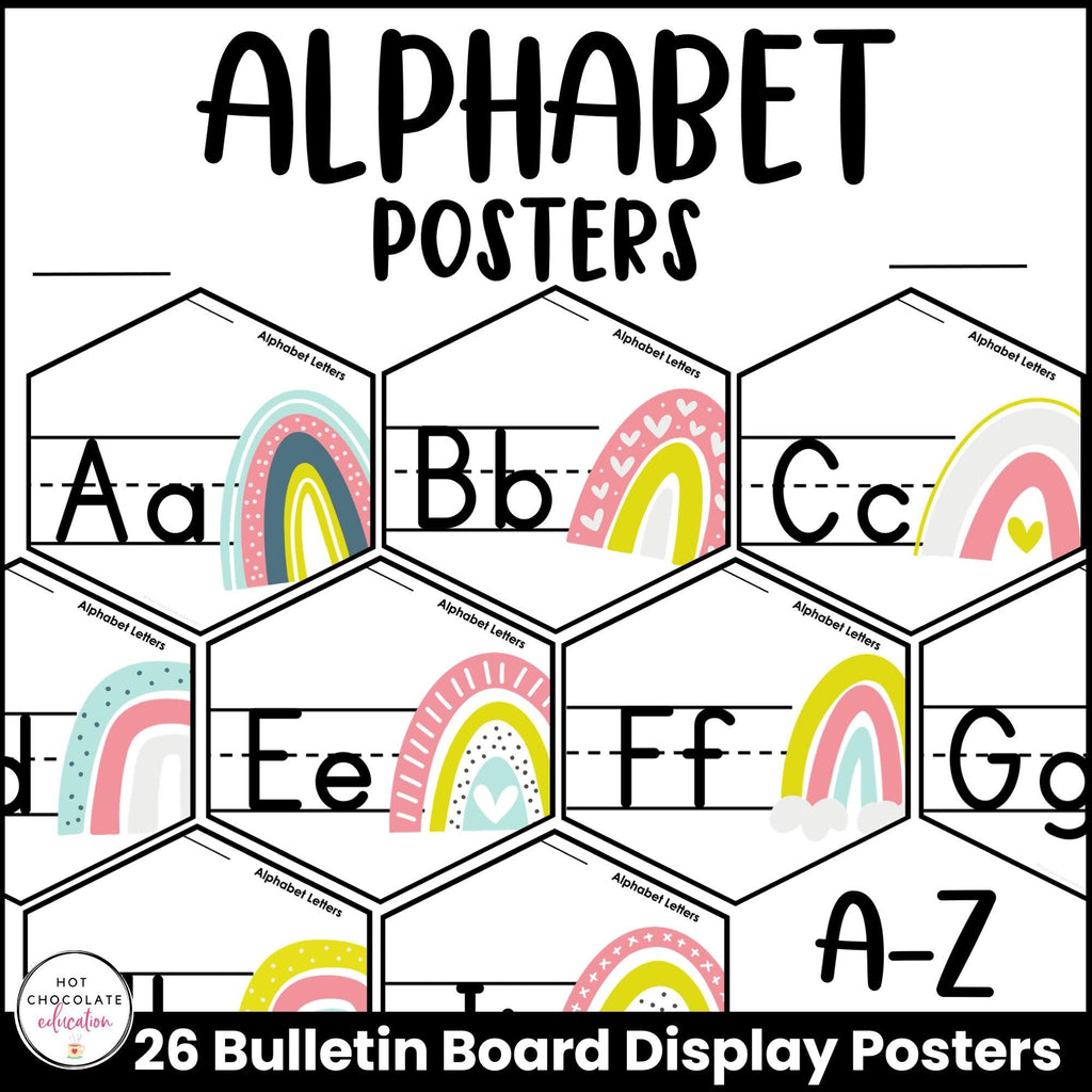 Alphabet Letter Posters | Uppercase + Lowercase Alphabet Bulletin Board - Hot Chocolate Teachables