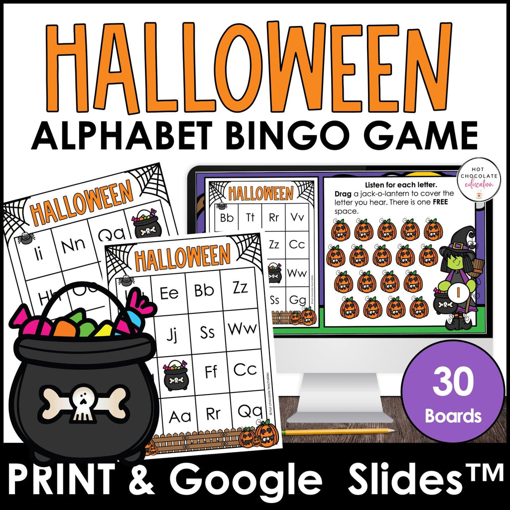 Alphabet Letters Bingo Bundle : Digital & Print - Halloween Theme Game Boards - Hot Chocolate Teachables