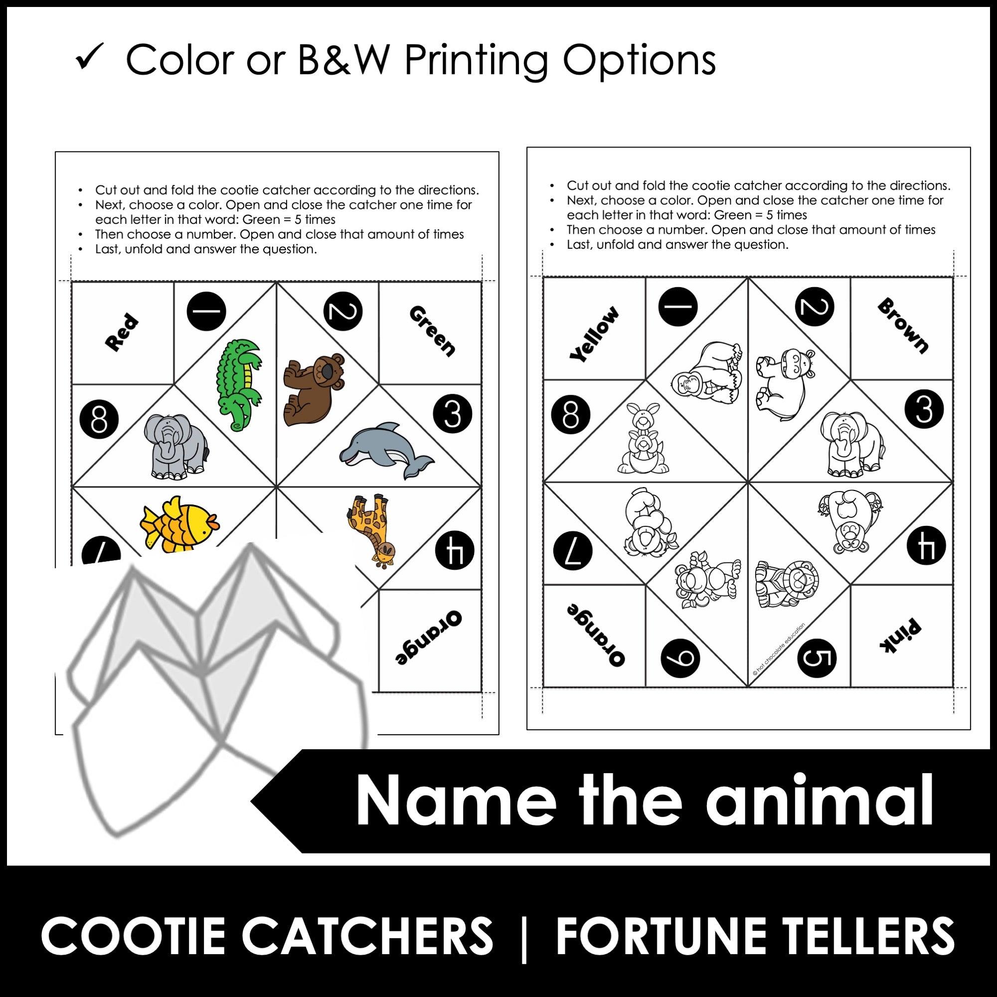 Animal Vocabulary Cootie Catcher Activity - Fortune Tellers & Worksheets - Hot Chocolate Teachables