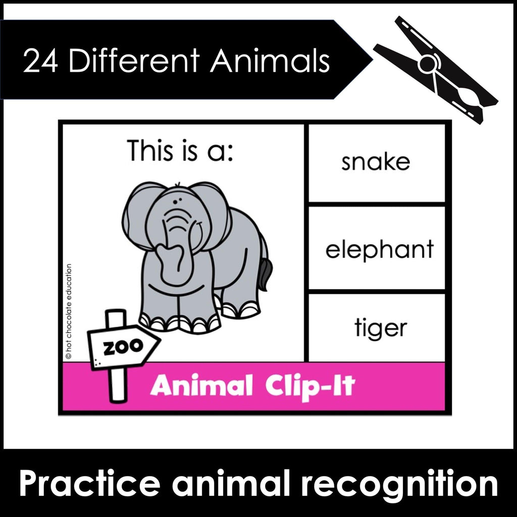 Animal Vocabulary Task Cards - Clip Cards - Activity Cards - Hot Chocolate Teachables