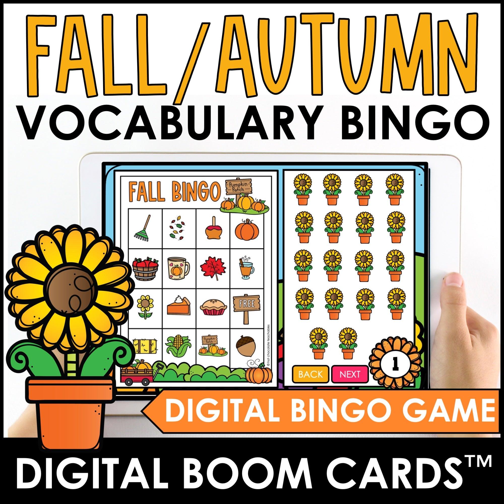 AUTUMN / FALL BINGO Game - Vocabulary Building - Boom Cards™ - Hot Chocolate Teachables