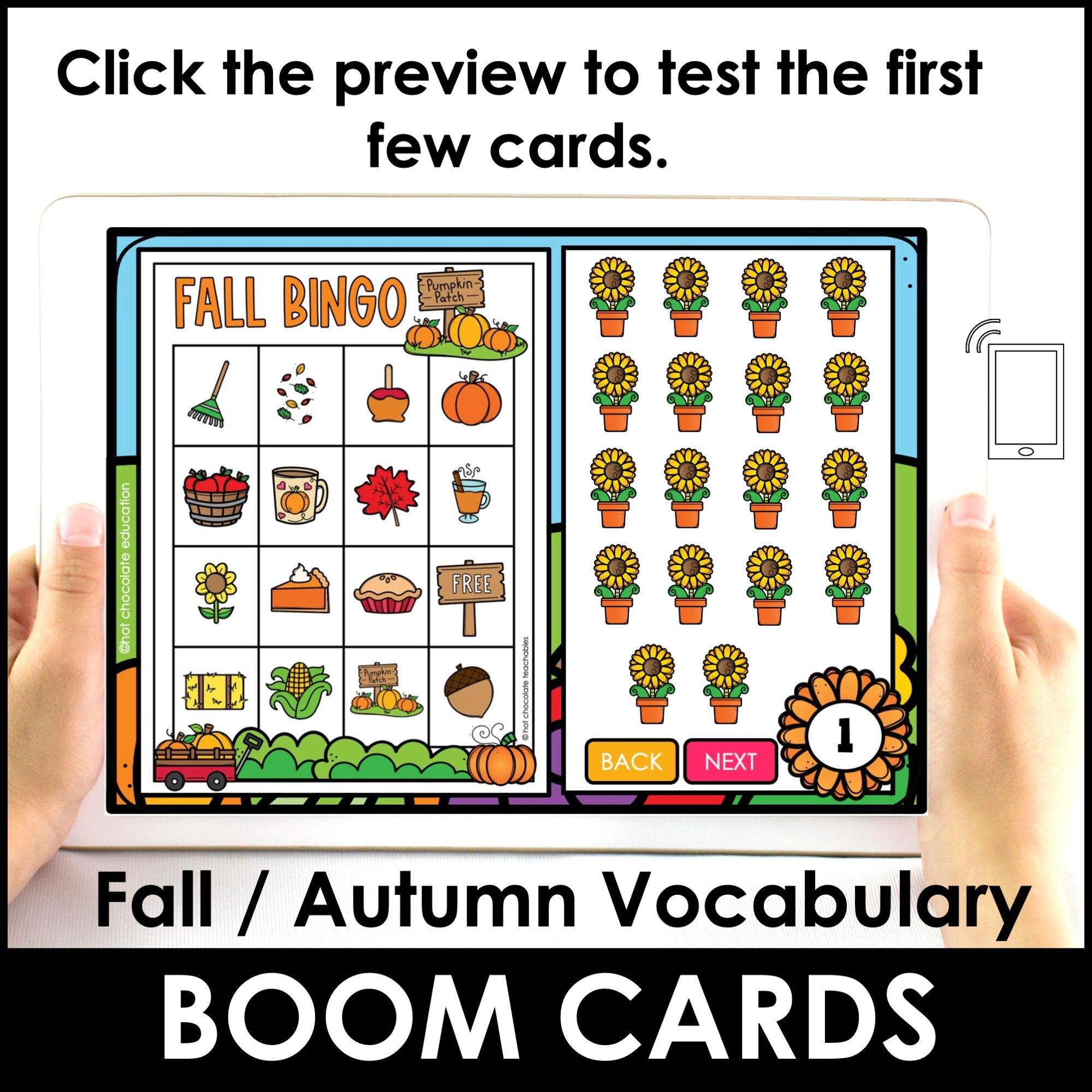 AUTUMN / FALL BINGO Game - Vocabulary Building - Boom Cards™ - Hot Chocolate Teachables