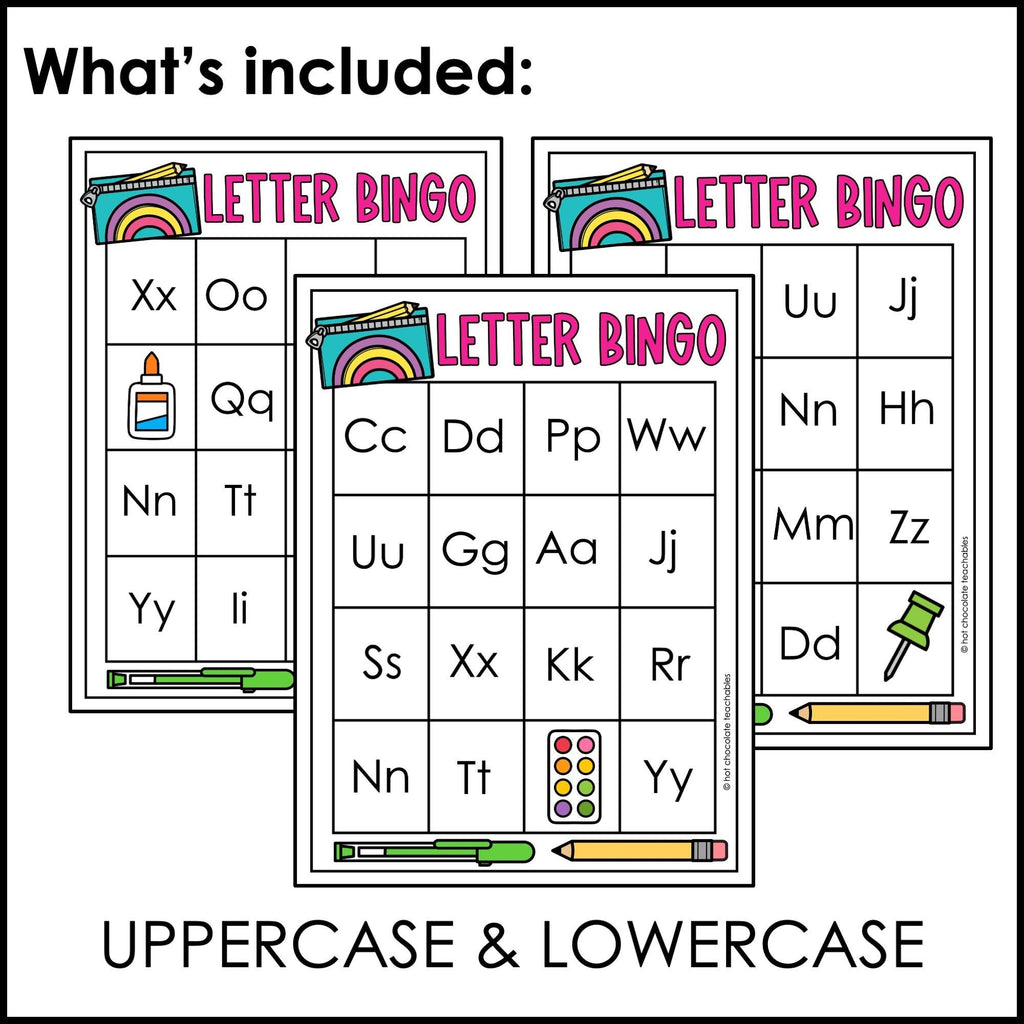 Back To School - Alphabet Letter Bingo Game for Uppercase & Lowercase Practice - Hot Chocolate Teachables