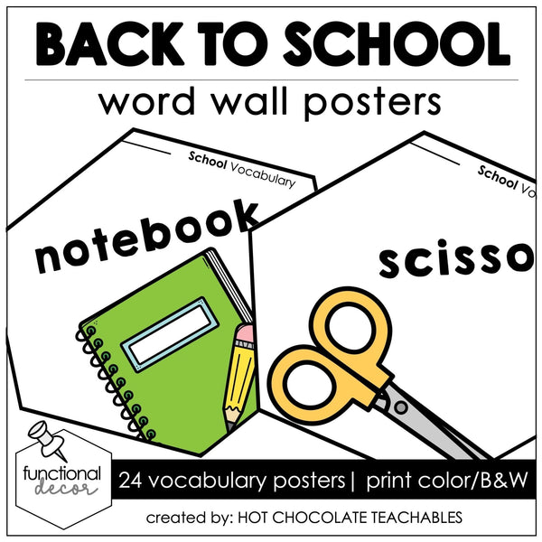 Back to School Classroom Vocabulary Posters | ESL Word Wall | Bulletin Board - Hot Chocolate Teachables