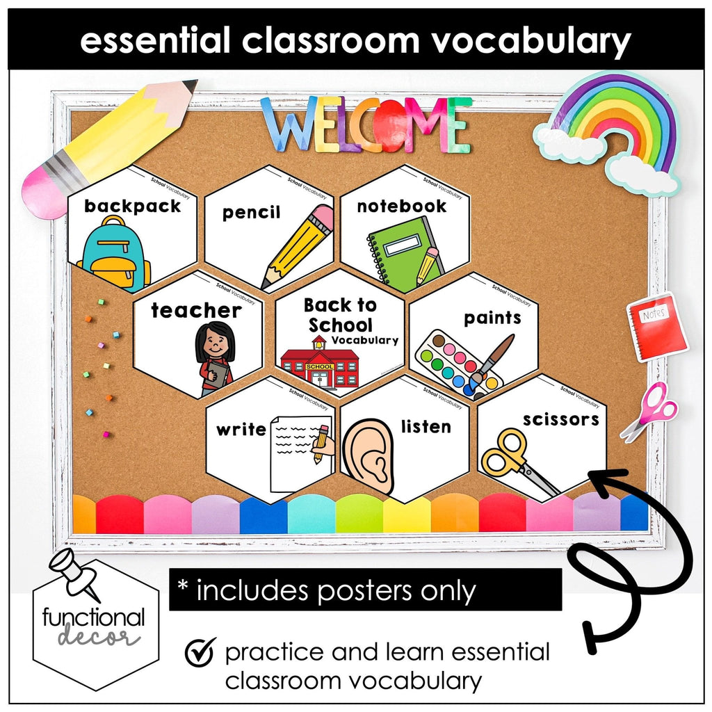 Back to School Classroom Vocabulary Posters | ESL Word Wall | Bulletin Board - Hot Chocolate Teachables