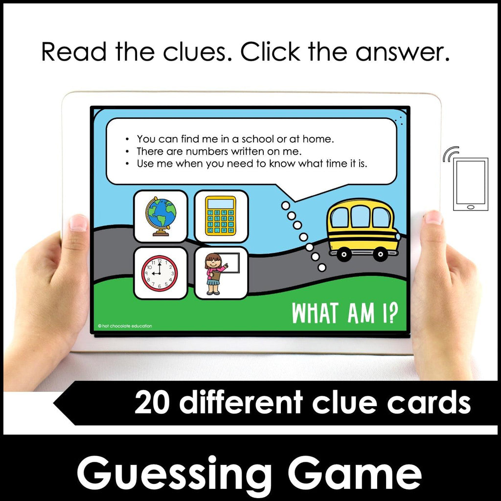 Back To School : What am I? ESL Vocabulary Guessing Game BOOM CARDS™ - Hot Chocolate Teachables