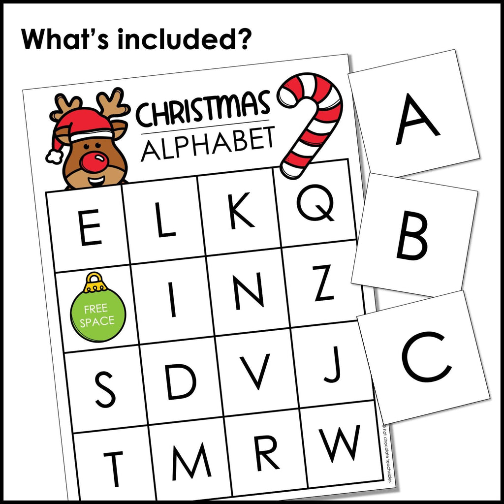 Christmas Alphabet BINGO - UPPERCASE letter recognition from A through Z - Hot Chocolate Teachables