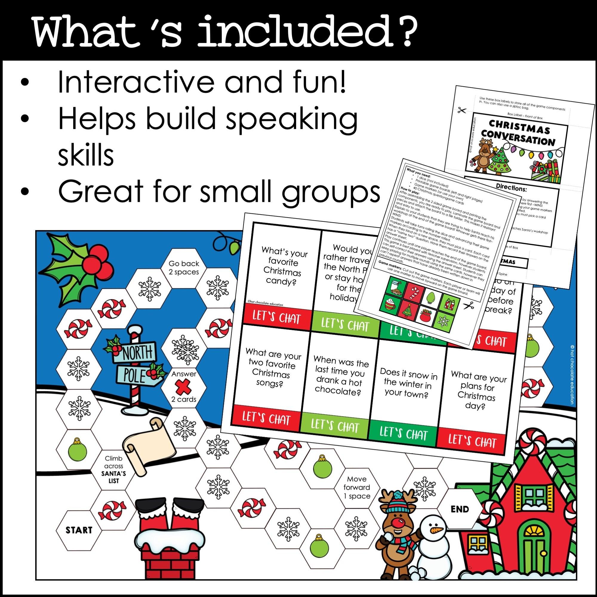 Christmas Conversation Question Board Game - 40 Holiday Question Prompts - Hot Chocolate Teachables