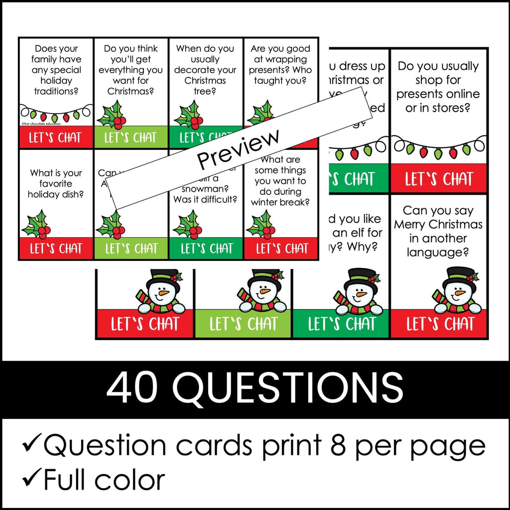 Christmas Conversation Question Card Set - 40 Cards - Hot Chocolate Teachables