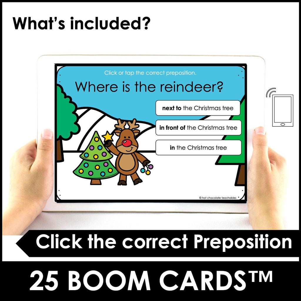 Christmas - Prepositions of Place Boom Cards | Identifying positional words - Hot Chocolate Teachables