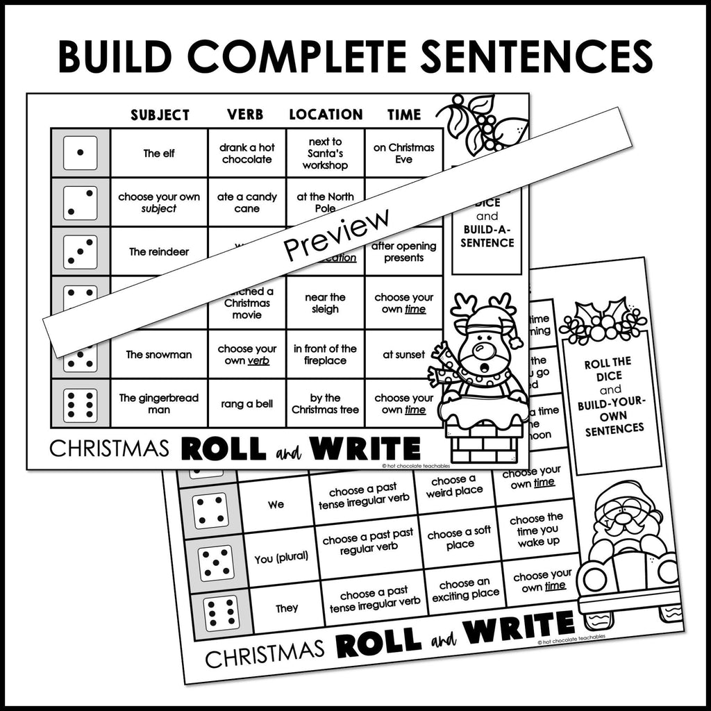 Christmas Sentence Building Roll and Write Activity - BUILD YOUR OWN SENTENCES - Hot Chocolate Teachables