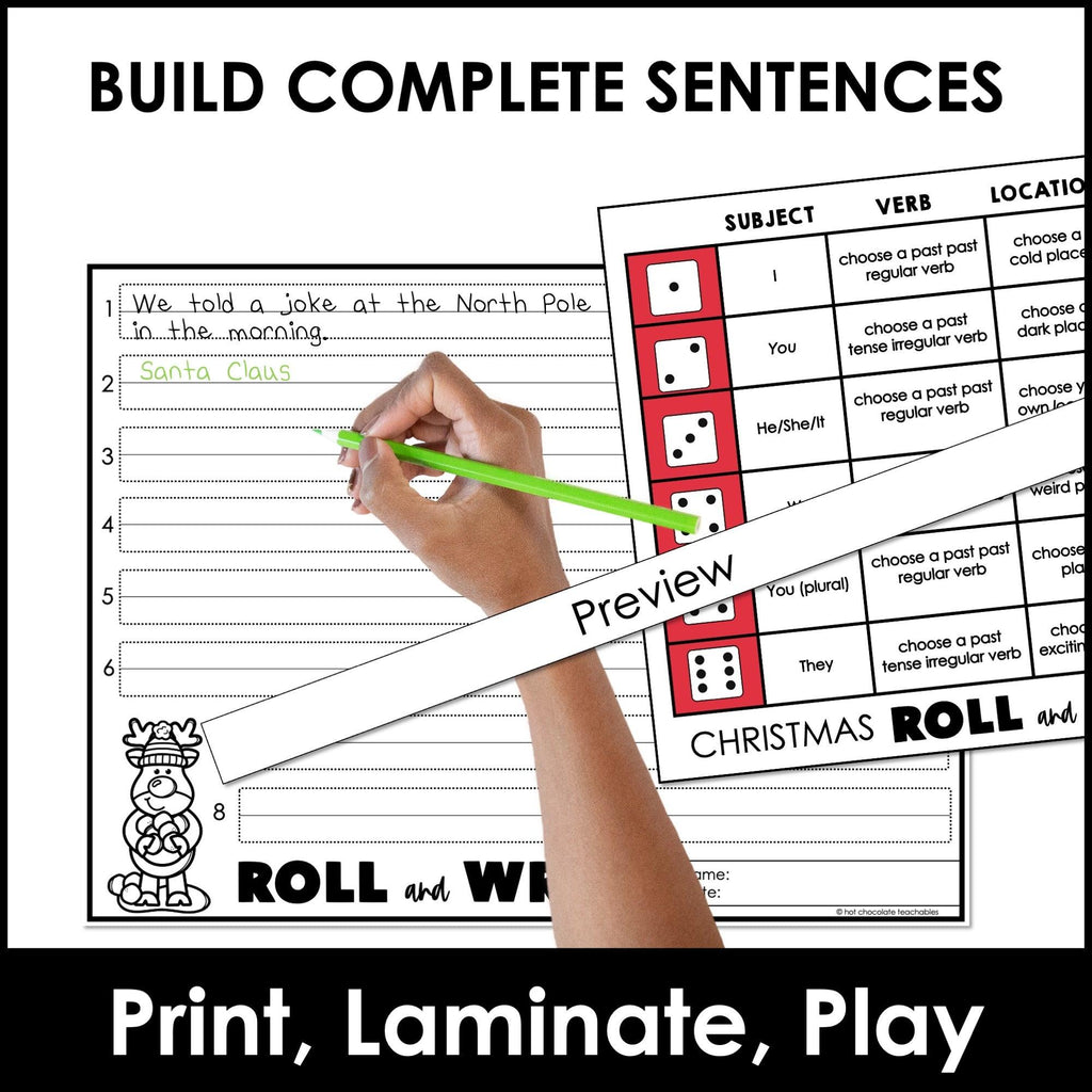 Christmas Sentence Building Roll and Write Activity - BUILD YOUR OWN SENTENCES - Hot Chocolate Teachables