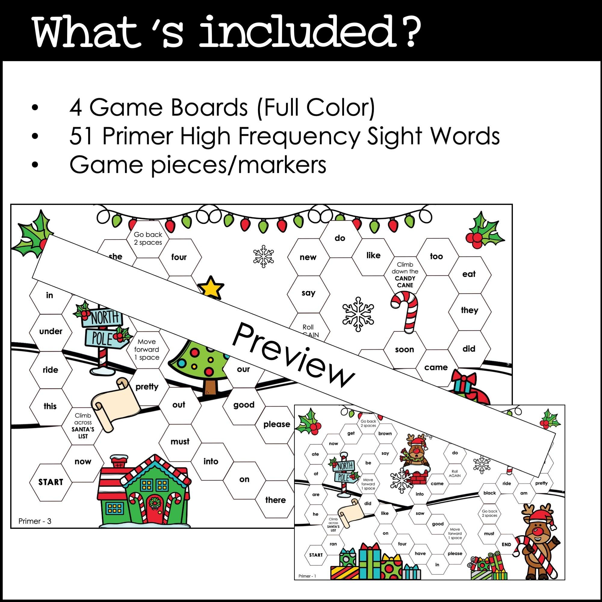 Christmas Sight Word Board Games : Primer List - Hot Chocolate Teachables