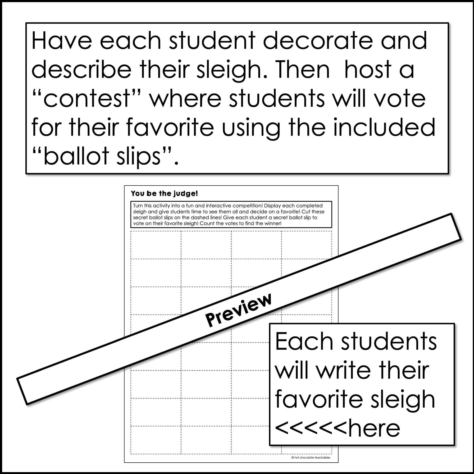 Christmas Sleigh Craft | Descriptive Writing Activity and Contest for ELA / ESL - Hot Chocolate Teachables