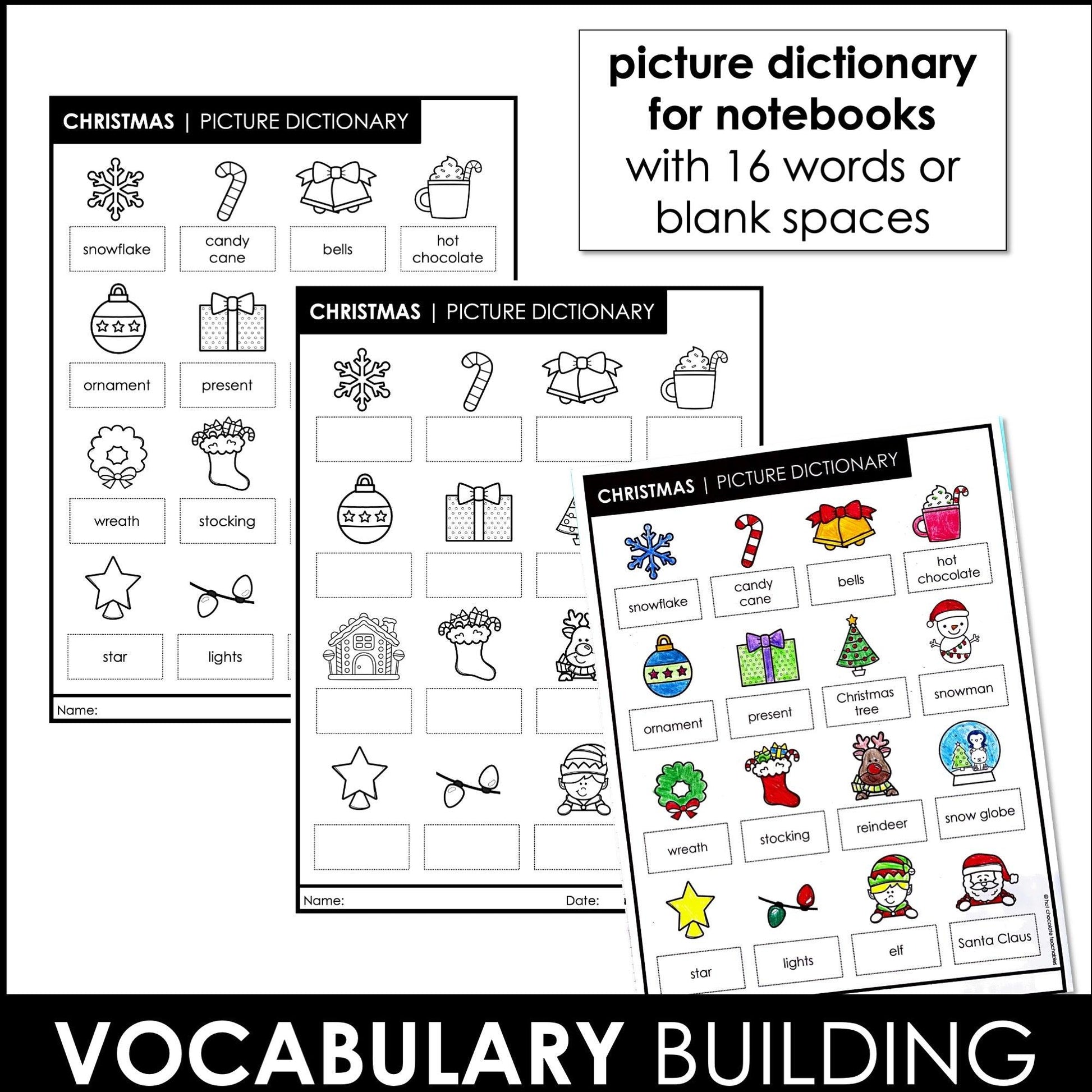 Christmas Vocabulary Worksheet Pack for English language learners - Hot Chocolate Teachables