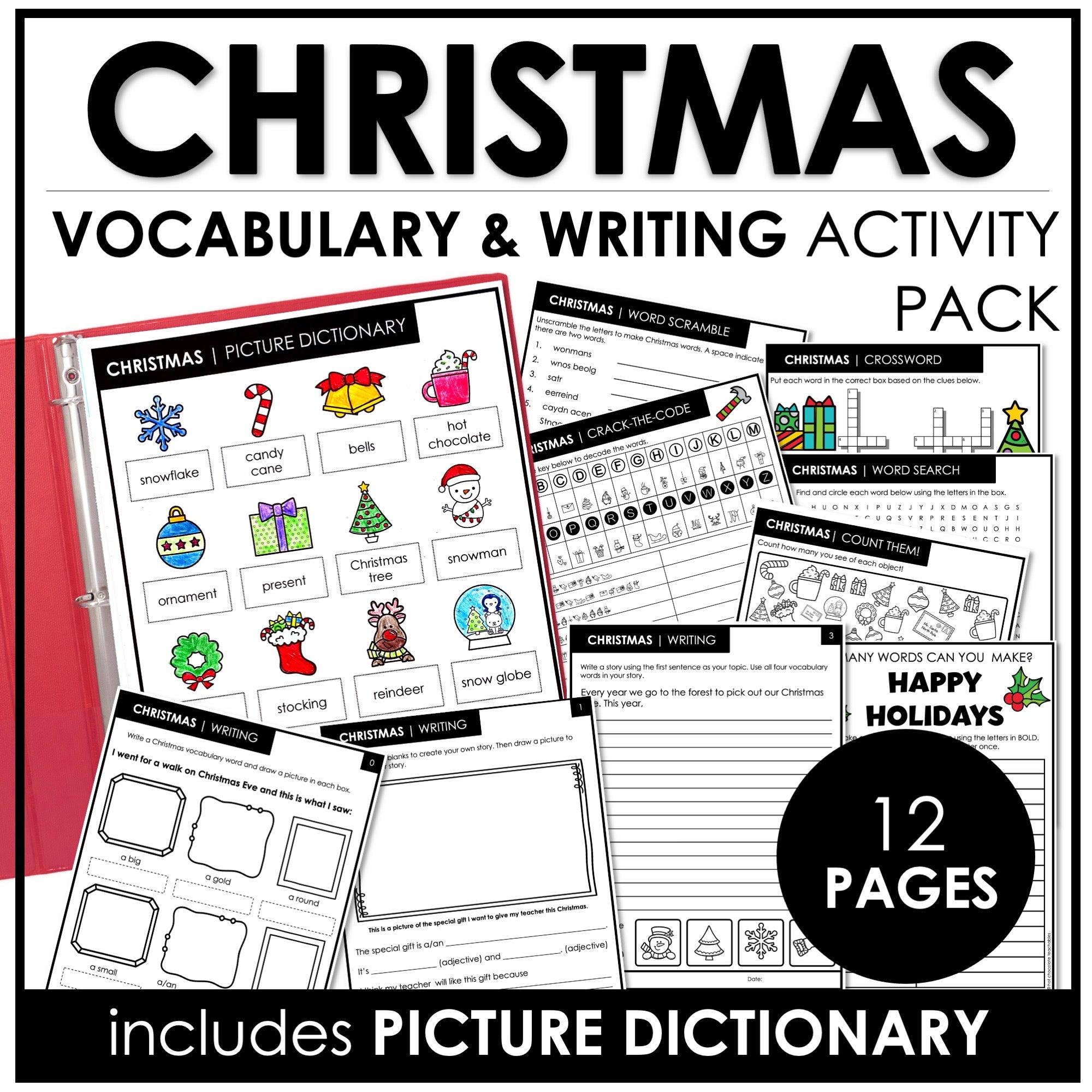 Christmas Vocabulary Worksheet Pack for English language learners - Hot Chocolate Teachables