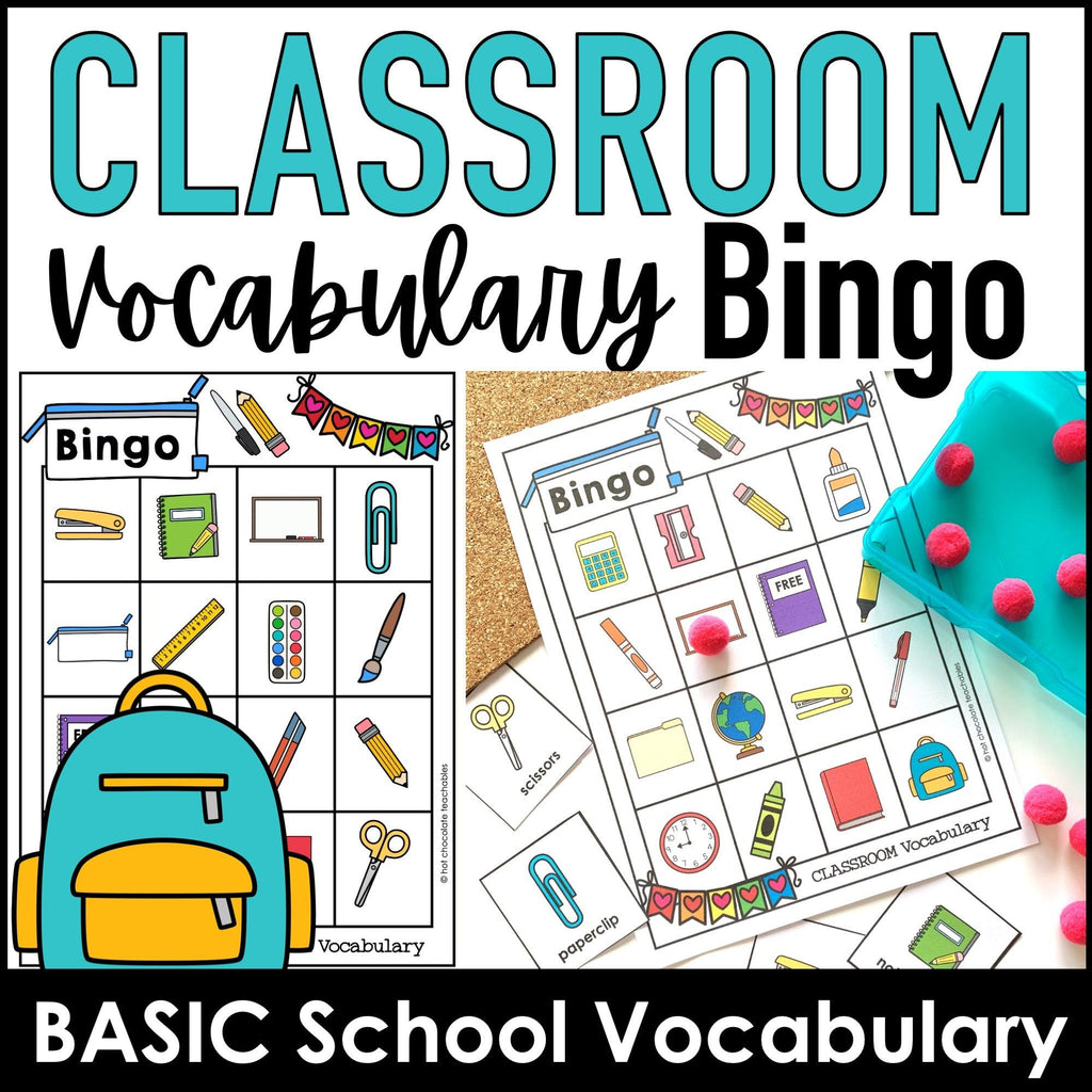 Classroom & School Supplies Bingo Game - Vocabulary Building for ELL - ESL - EFL - Hot Chocolate Teachables