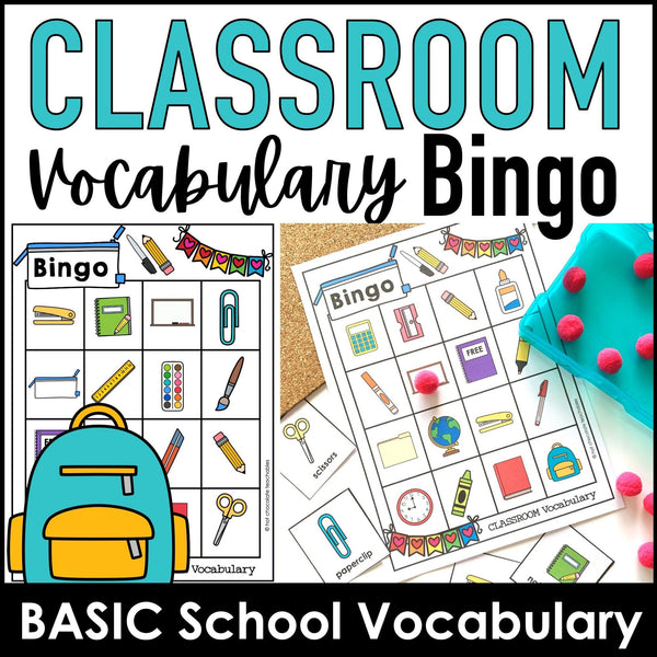 Classroom & School Supplies Bingo Game - Vocabulary Building for ELL - ESL - EFL - Hot Chocolate Teachables