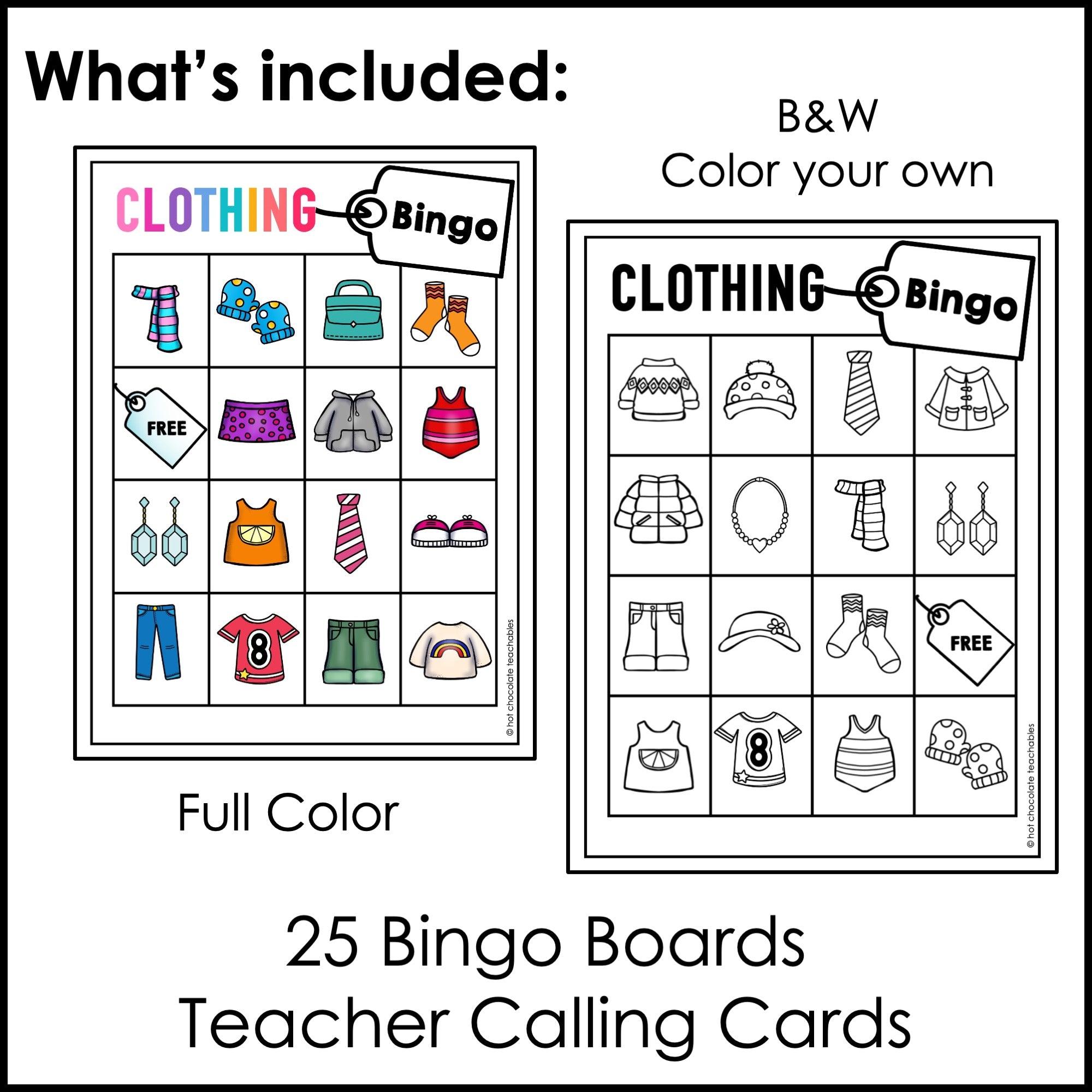 Clothes BINGO Game: Printable Clothing Vocabulary Game Boards - Hot Chocolate Teachables