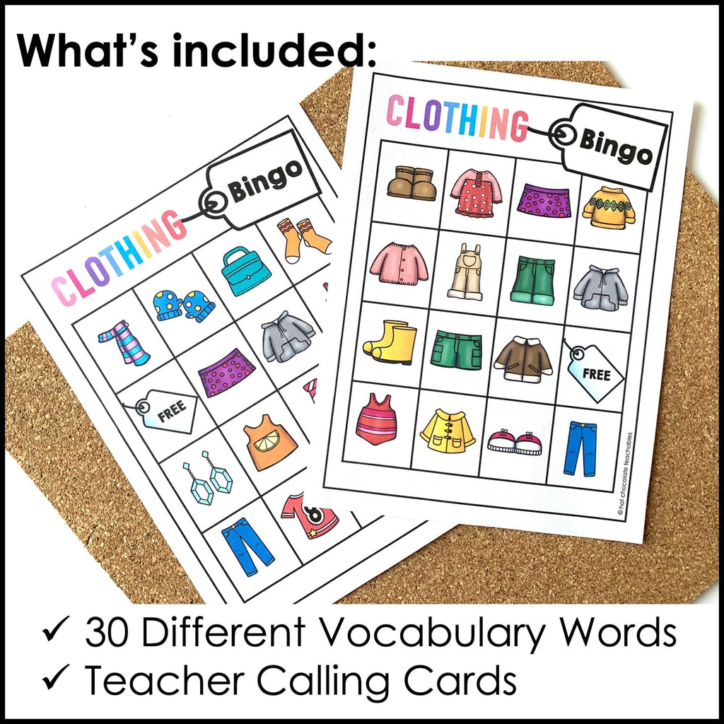 Clothes BINGO Game: Printable Clothing Vocabulary Game Boards - Hot Chocolate Teachables