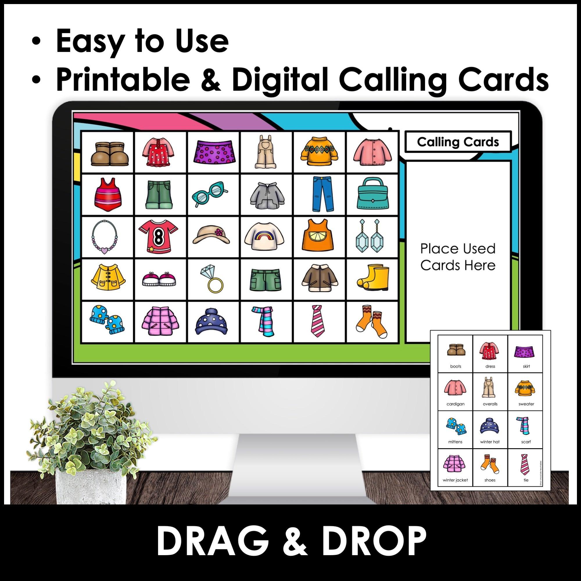 Clothes Vocabulary Building Bingo Game BUNDLE - Print & Digital Versions - Hot Chocolate Teachables