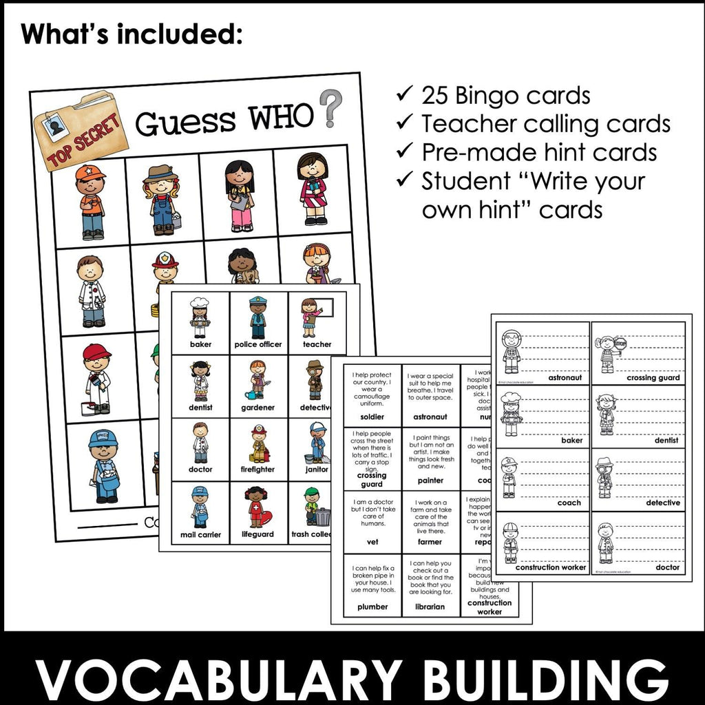 Community Helpers Guess Who Bingo Game | Jobs & Careers Vocabulary Game - Hot Chocolate Teachables