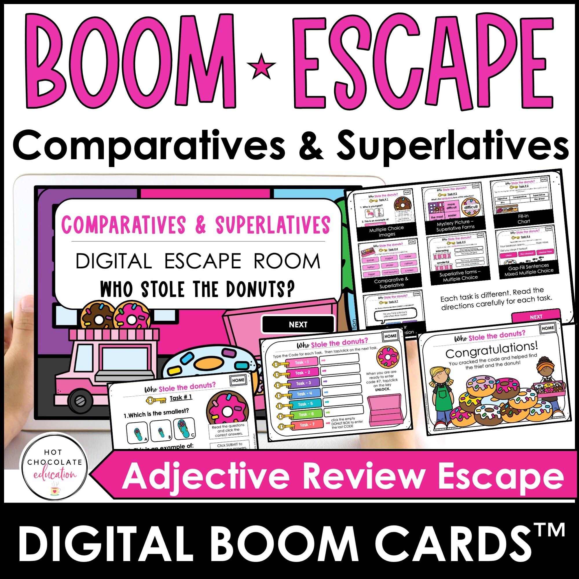 Comparative & Superlative Adjective Review Activity - Digital Escape Boom Cards™ - Hot Chocolate Teachables
