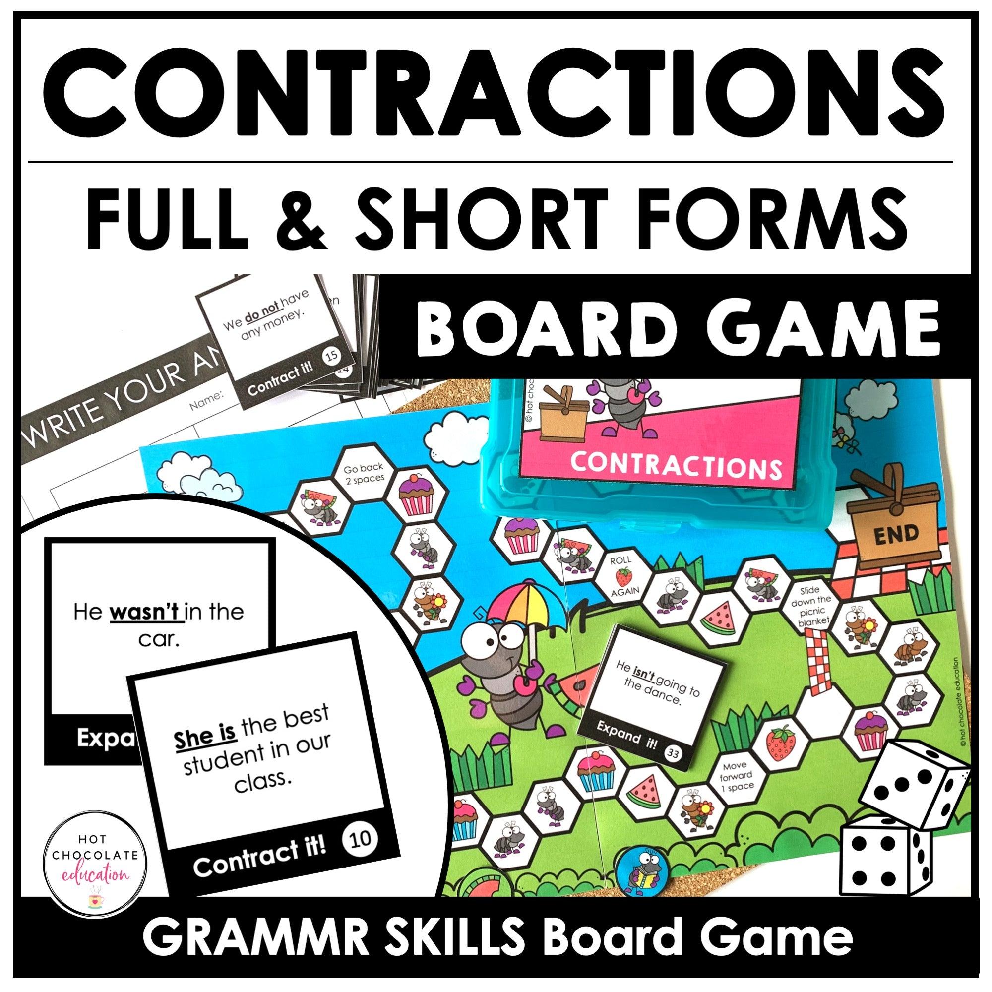 Contractions : Grammar Board Game - Combining Two Words | Short & Long Forms - Hot Chocolate Teachables
