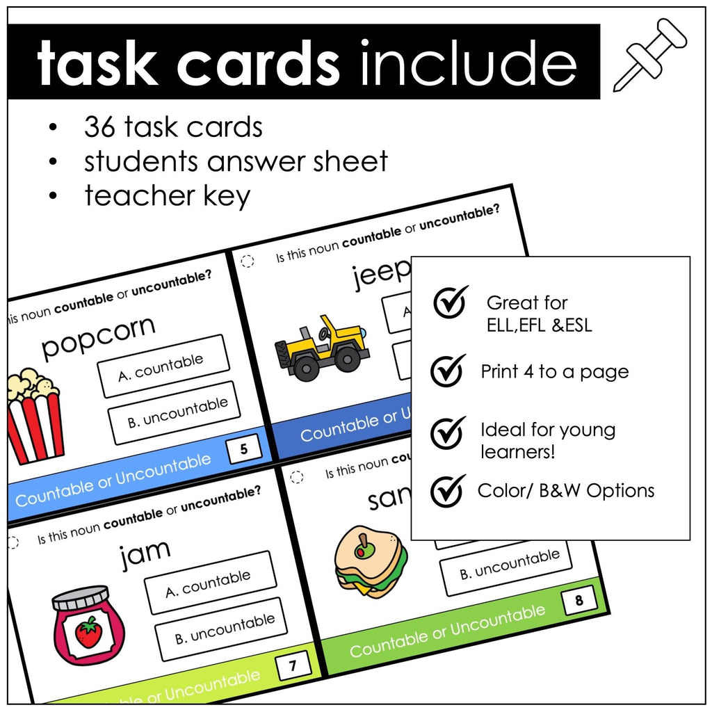 Countable and Uncountable Noun Task Cards - Count Noncount Noun Activity - Hot Chocolate Teachables