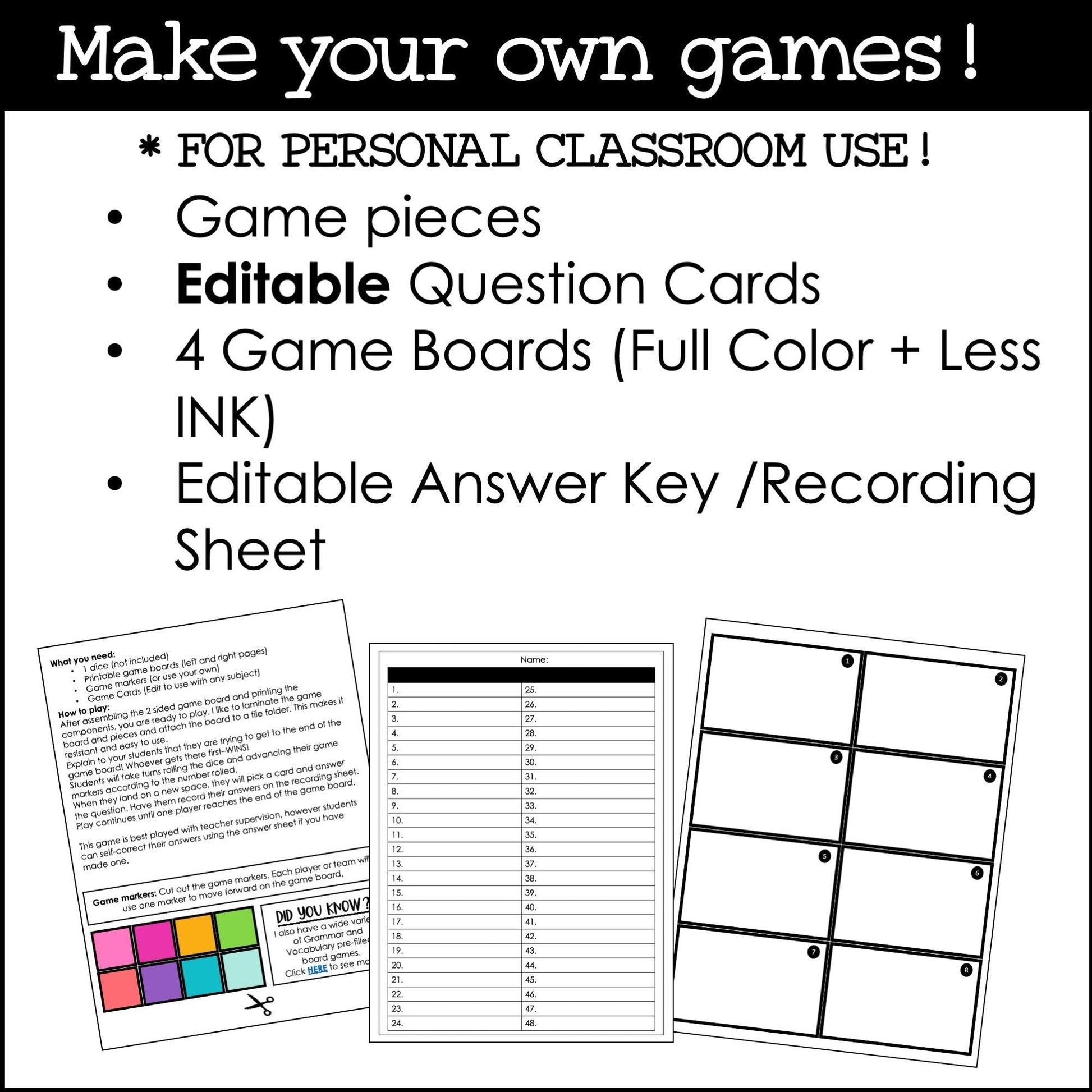 Create Editable Board Games for any subject | Templates with Editable Game Cards - Rainbow - Hot Chocolate Teachables