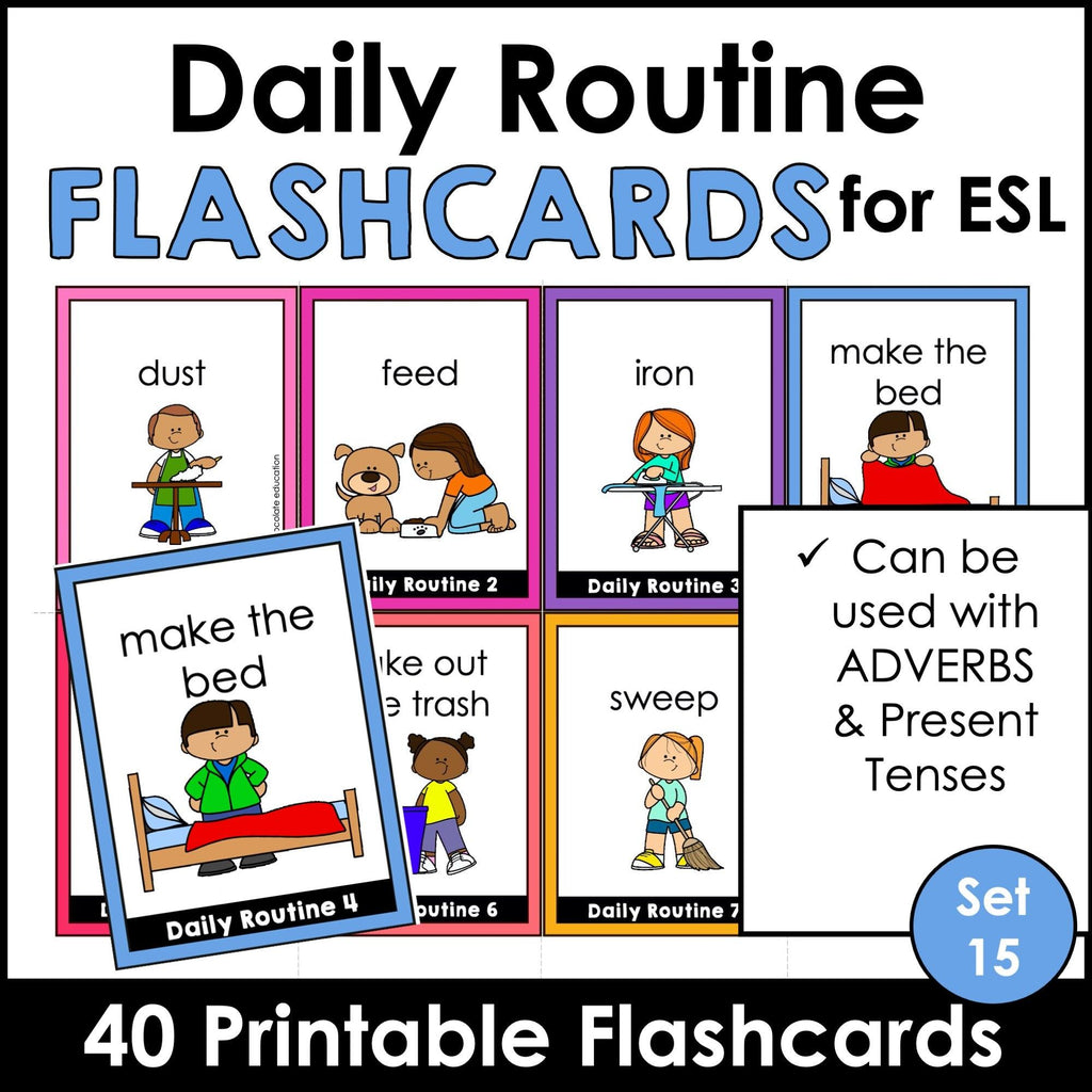 Daily Routine Flashcards : Basic Verbs & Chores : ESL task cards - Flash Cards - Hot Chocolate Teachables