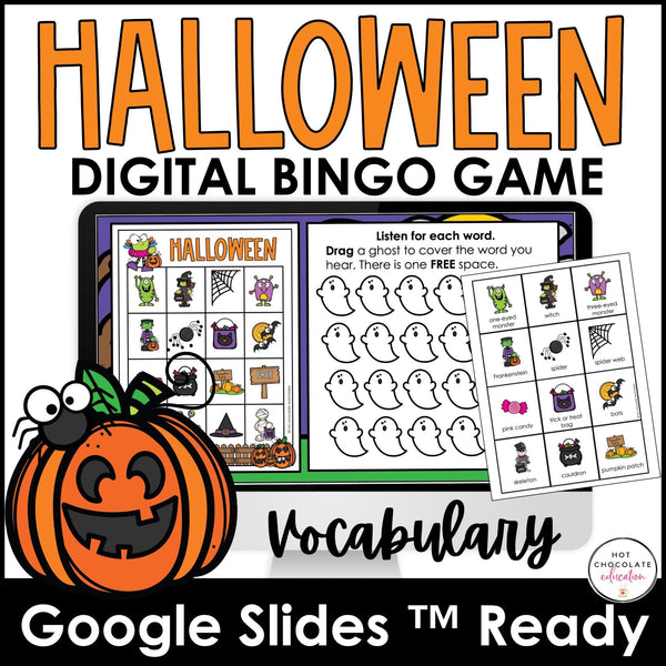 DIGITAL Halloween Vocabulary Bingo Game for Google Slides™ - Hot Chocolate Teachables