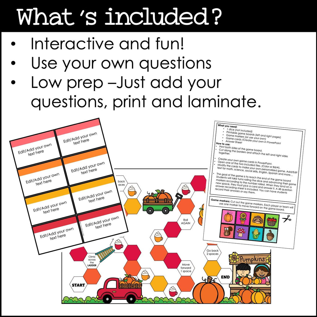 Editable Autumn / Fall Theme Game Board - Create a Board Game for ANY subject - Hot Chocolate Teachables