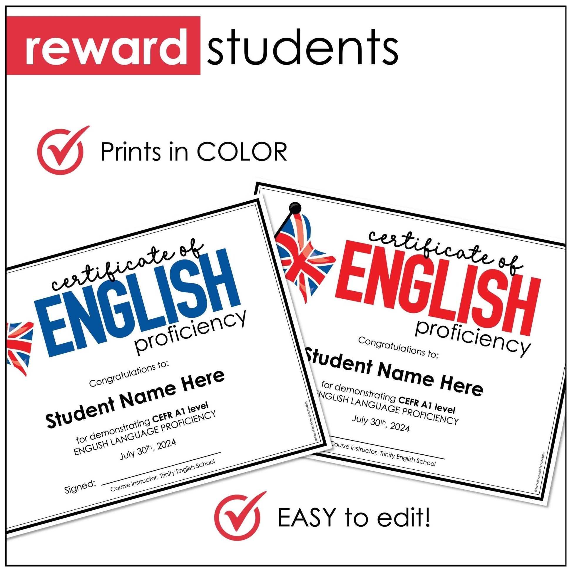 Editable Certificate | ENGLISH CEFR A1-C2 End of the Year Award for Proficiency - Hot Chocolate Teachables