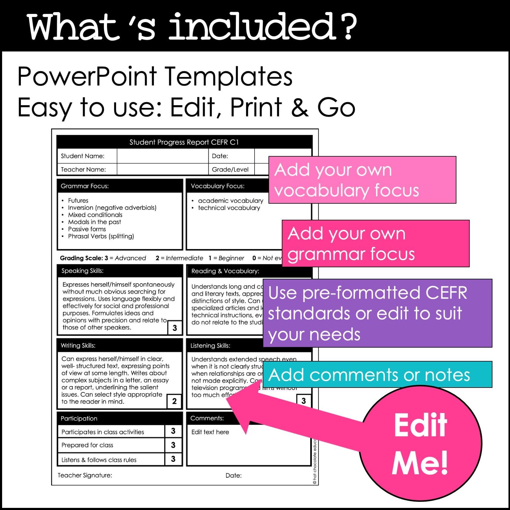 Editable ESL & EFL Progress Reports CEFR Alignment A1-C2 - Hot Chocolate Teachables