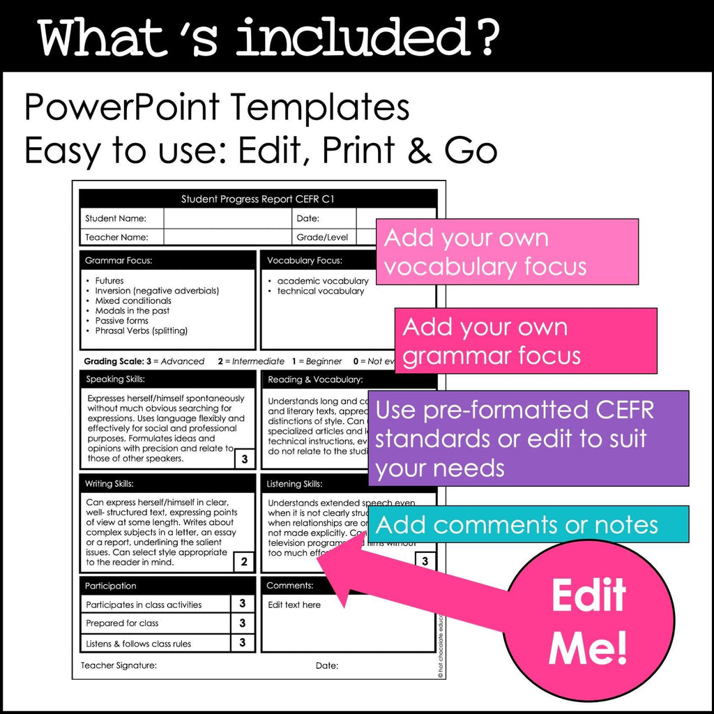 Editable ESL & EFL Progress Reports CEFR Alignment A1-C2 - Hot Chocolate Teachables