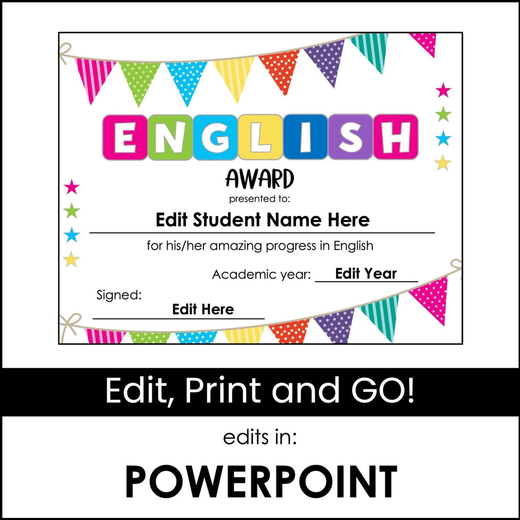 End of Year English Award Certificate - Editable Name and Date Fields - Hot Chocolate Teachables