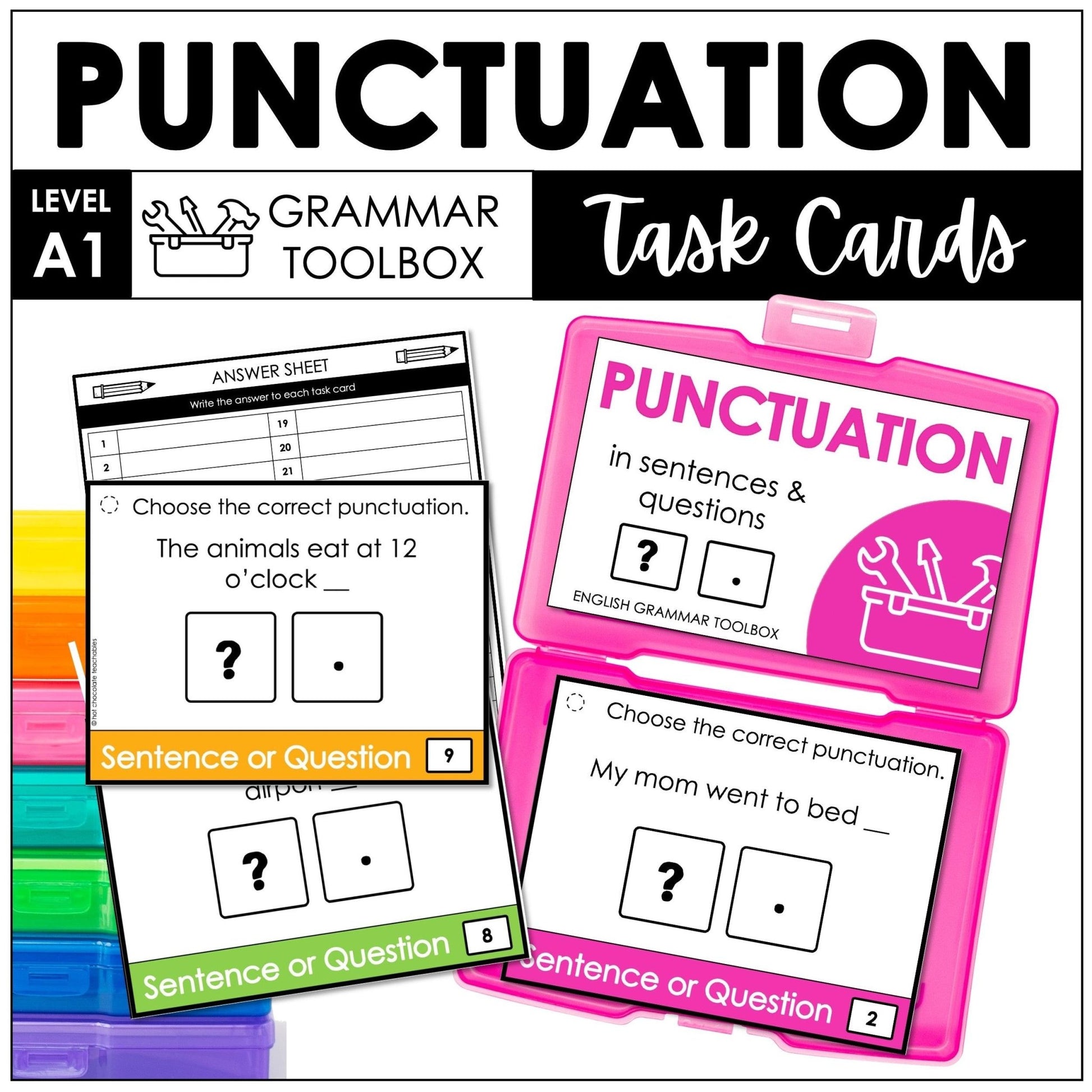 End Punctuation Task Cards - Sentences and Questions - ESL GRAMMAR TOOLBOX - Hot Chocolate Teachables