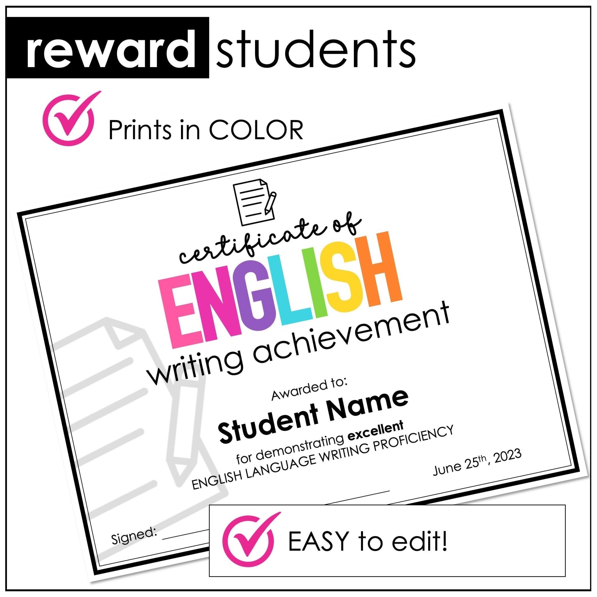 English End of Year Certificates - Speaking, Writing, Listening, Reading | ESL - Hot Chocolate Teachables
