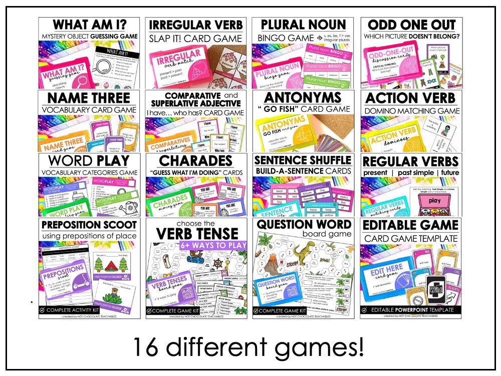 English Games Bundle - Parts of Speech, Verbs, Nouns, Prepositions, Vocabulary - Hot Chocolate Teachables