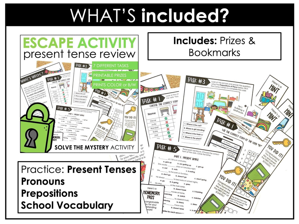 Escape Room Bundle ESL - WH Questions, Present Tense Verbs, Sentence Building - Hot Chocolate Teachables