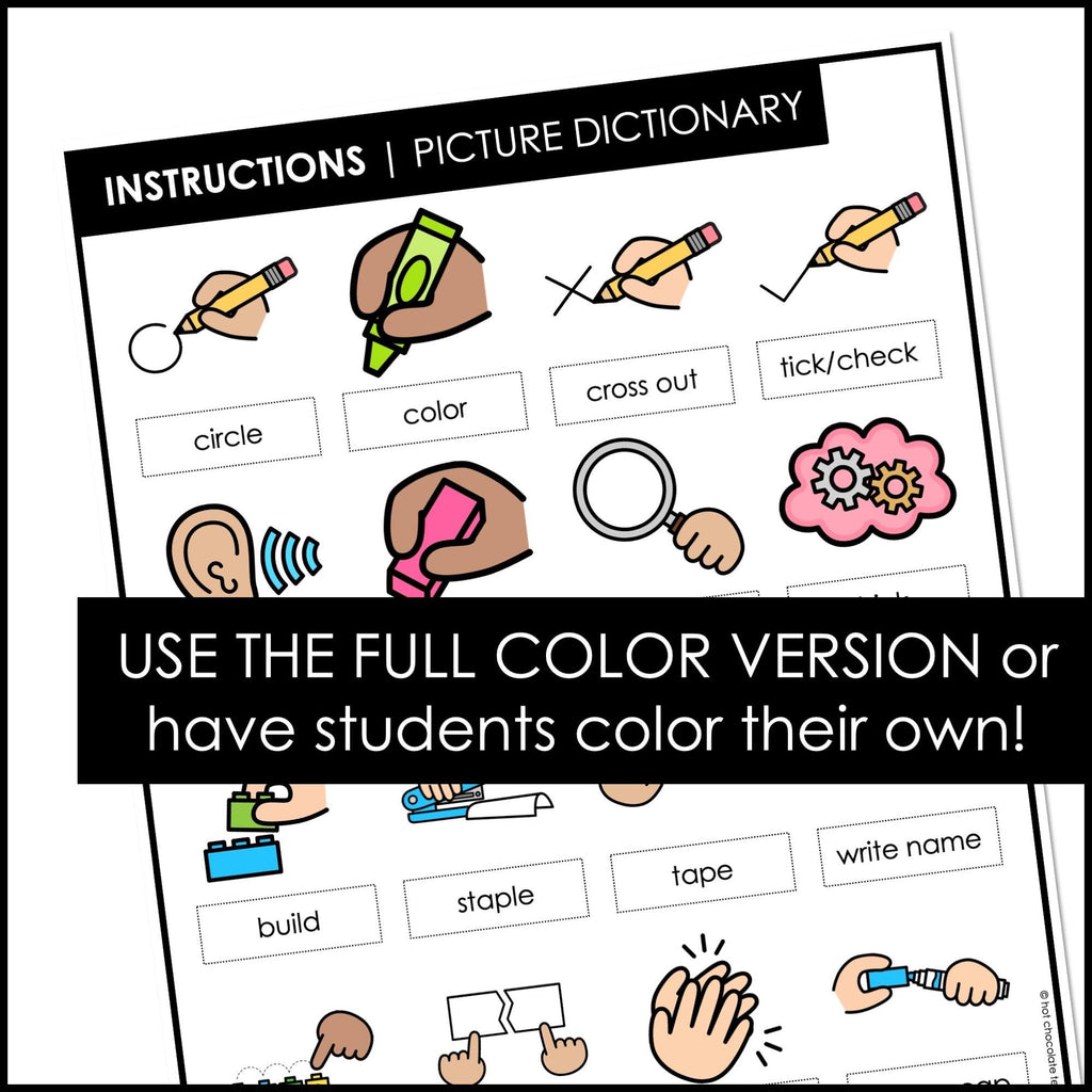 ESL Classroom Instructions Picture Dictionary | Vocabulary Notebook Insert - Hot Chocolate Teachables