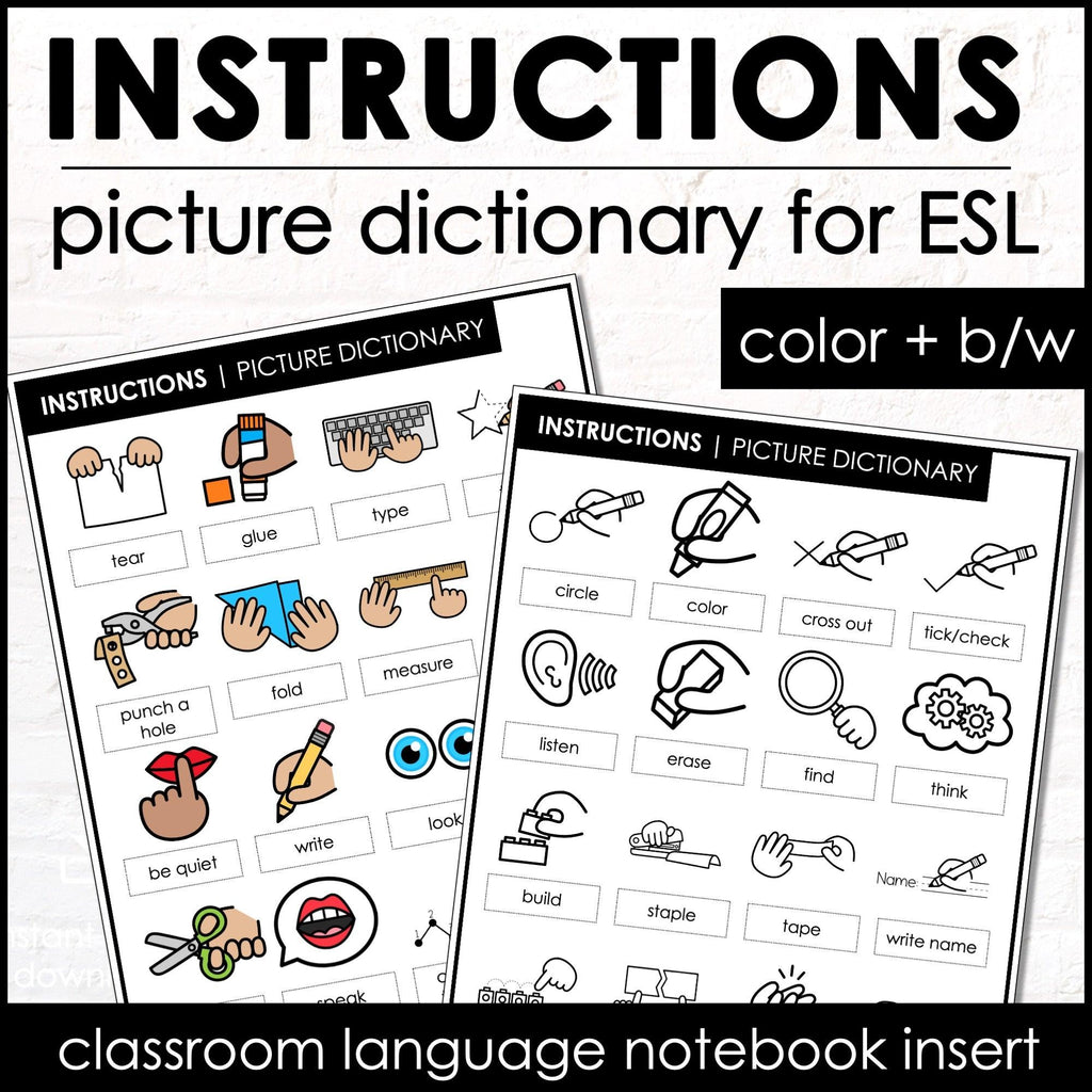 ESL Classroom Instructions Picture Dictionary | Vocabulary Notebook Insert - Hot Chocolate Teachables