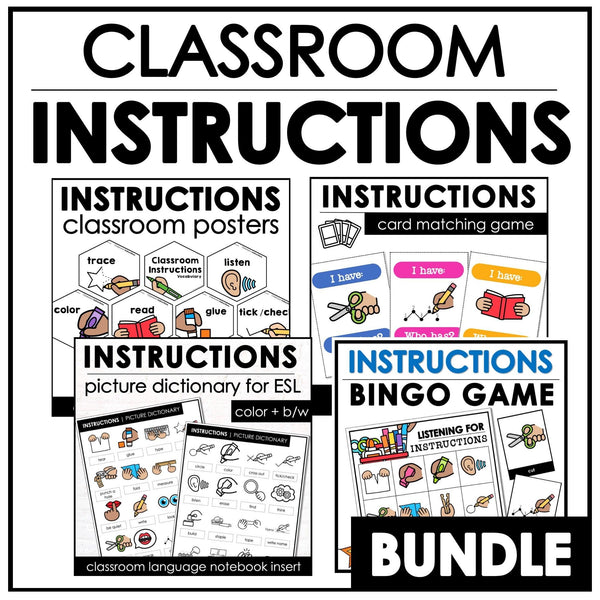 ESL Classroom Instructions Vocabulary Bundle | Word Wall Posters + Games - Hot Chocolate Teachables