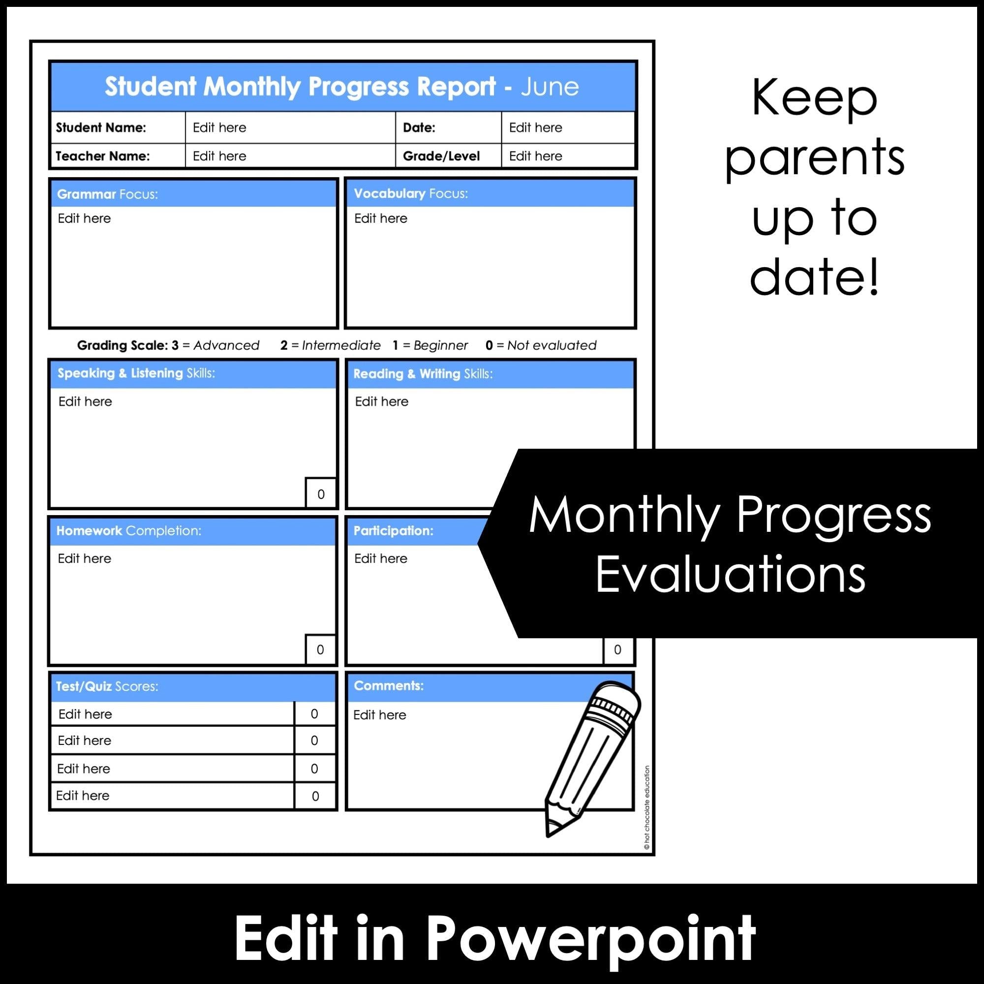 ESL / EFL Editable Progress Reports | Tracking | Planning & Assessment Templates - Hot Chocolate Teachables